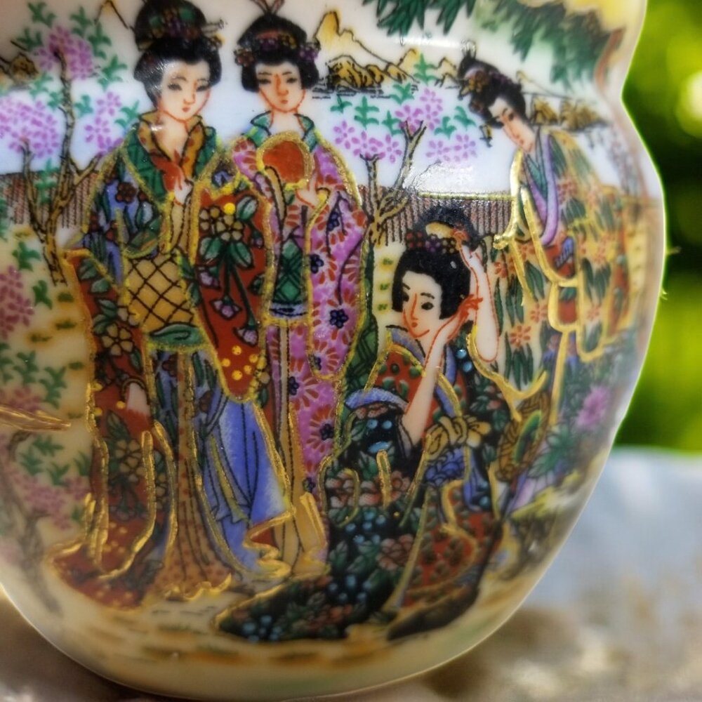 Vintage Gold Satsuma Chinoiserie Fish Bowl Geisha Women Lotus Collectible TM-5 - Picture 7 of 11